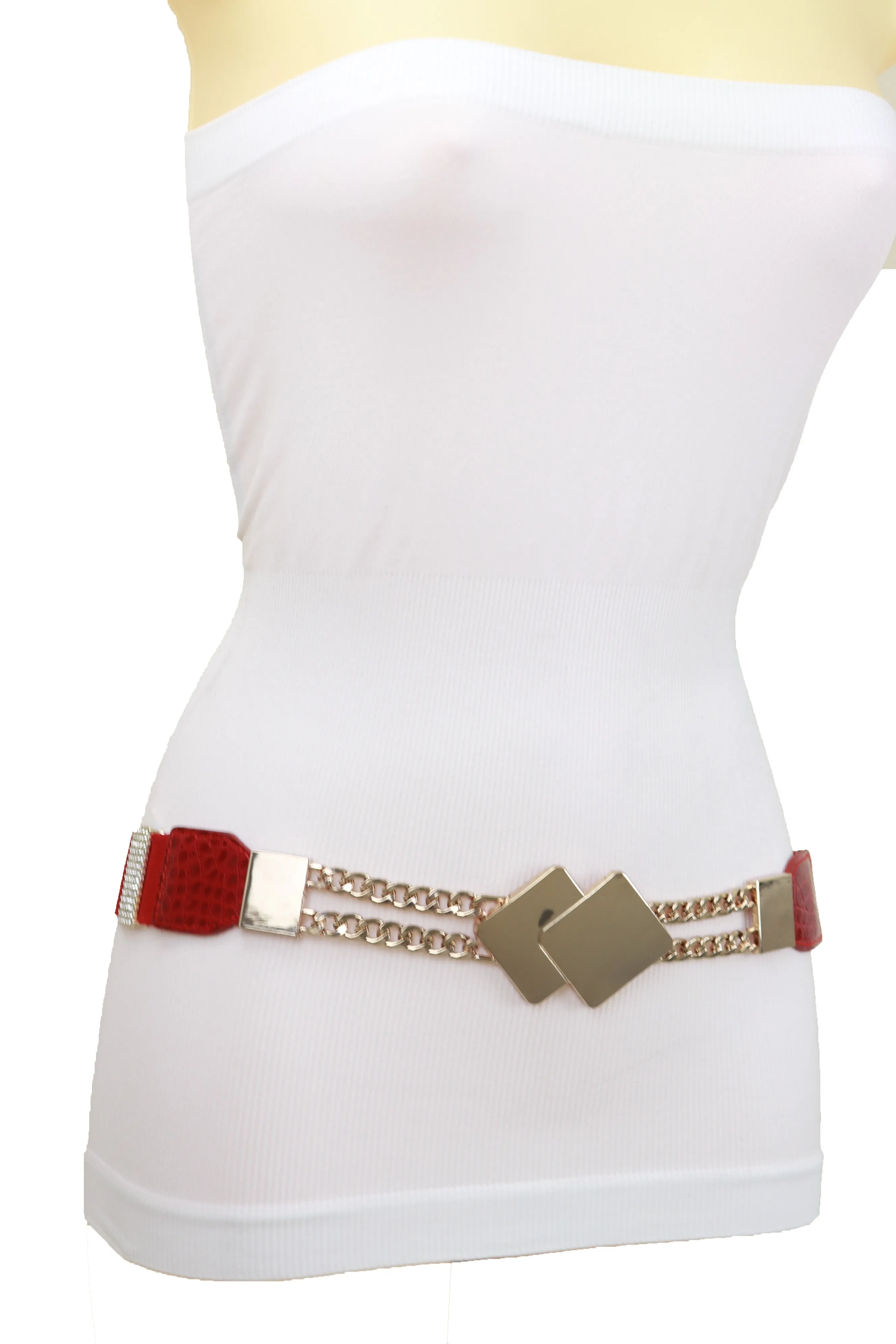 Gold Metal Squares Buckle Fashion Red Elastic Band Belt S M
