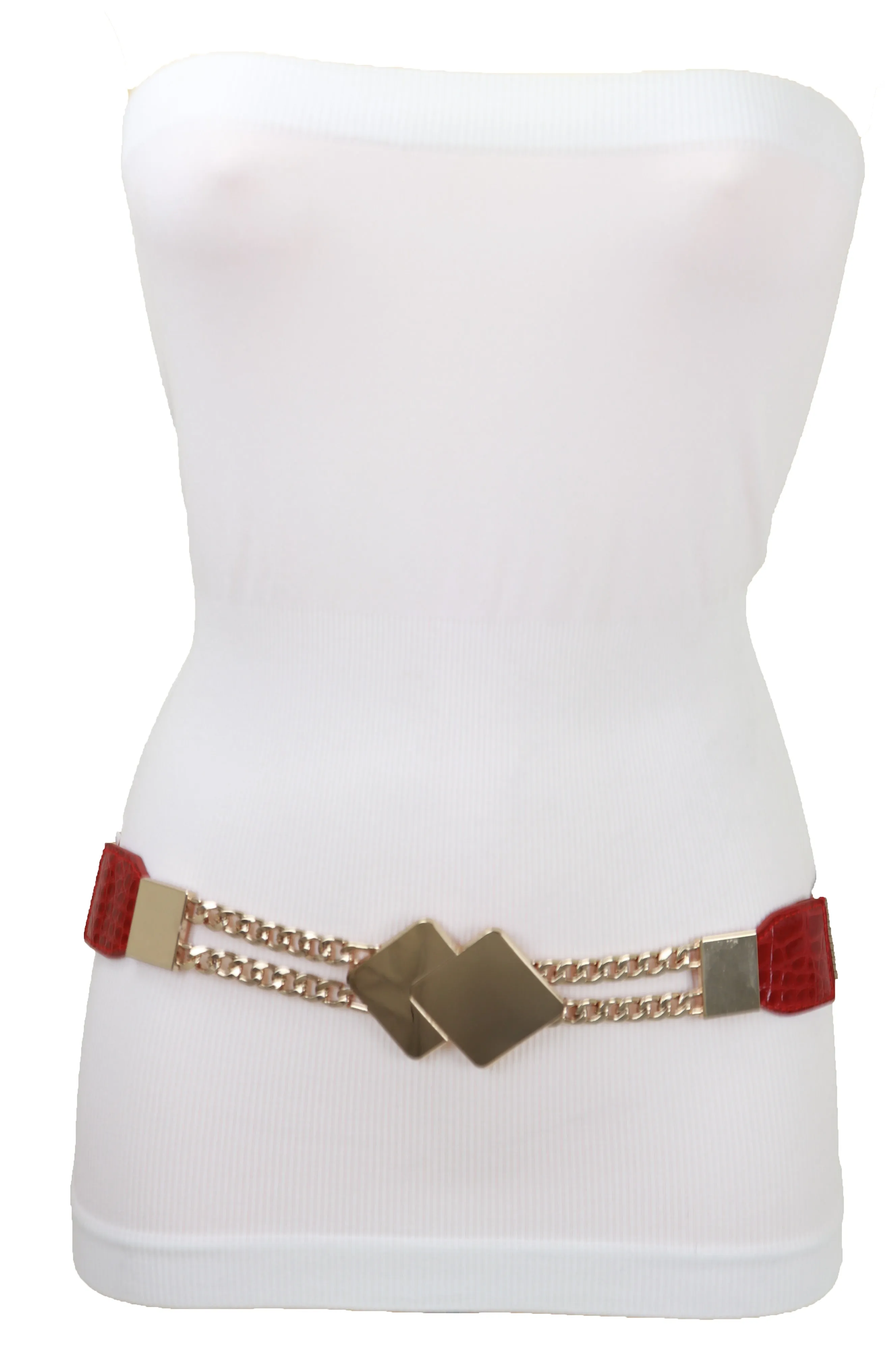 Gold Metal Squares Buckle Fashion Red Elastic Band Belt S M