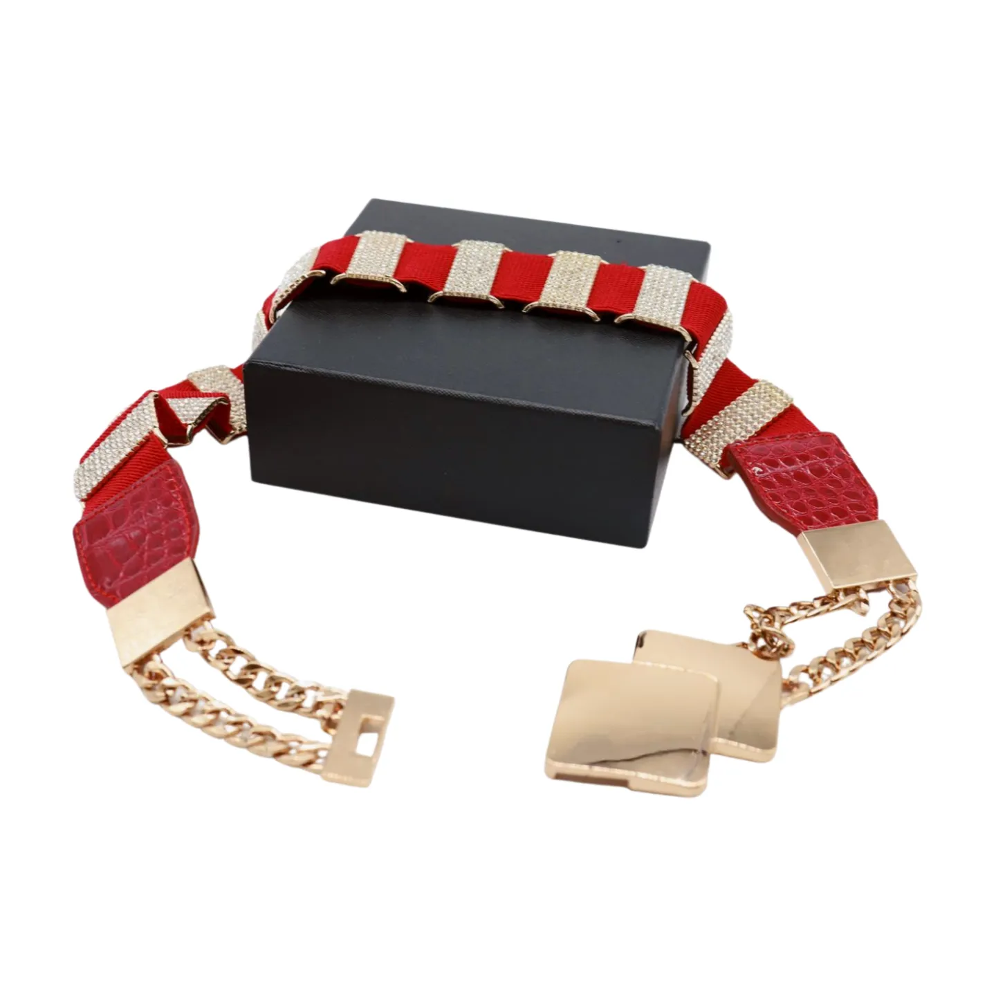 Gold Metal Squares Buckle Fashion Red Elastic Band Belt S M