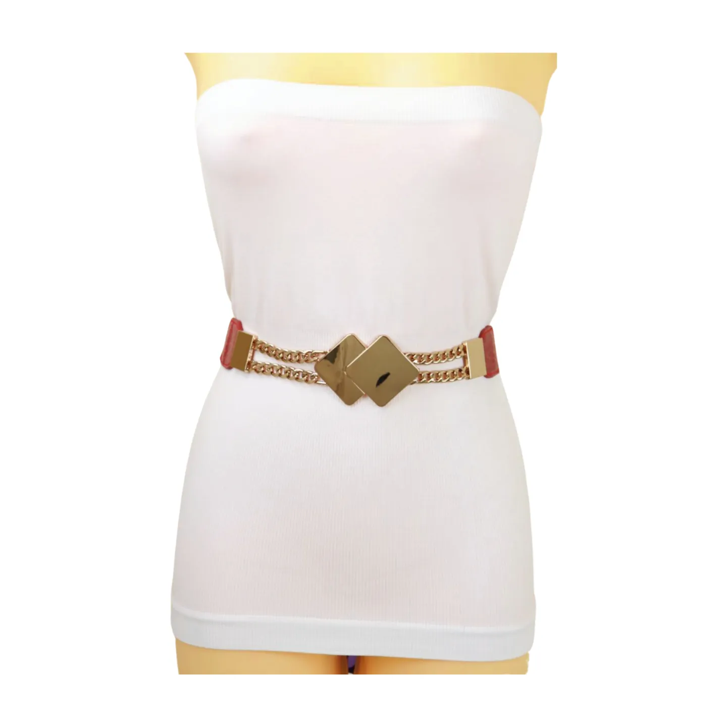 Gold Metal Squares Buckle Fashion Red Elastic Band Belt S M