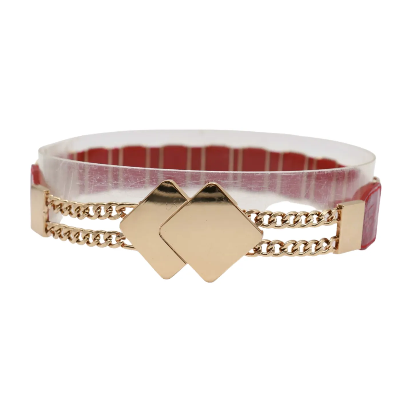 Gold Metal Squares Buckle Fashion Red Elastic Band Belt S M