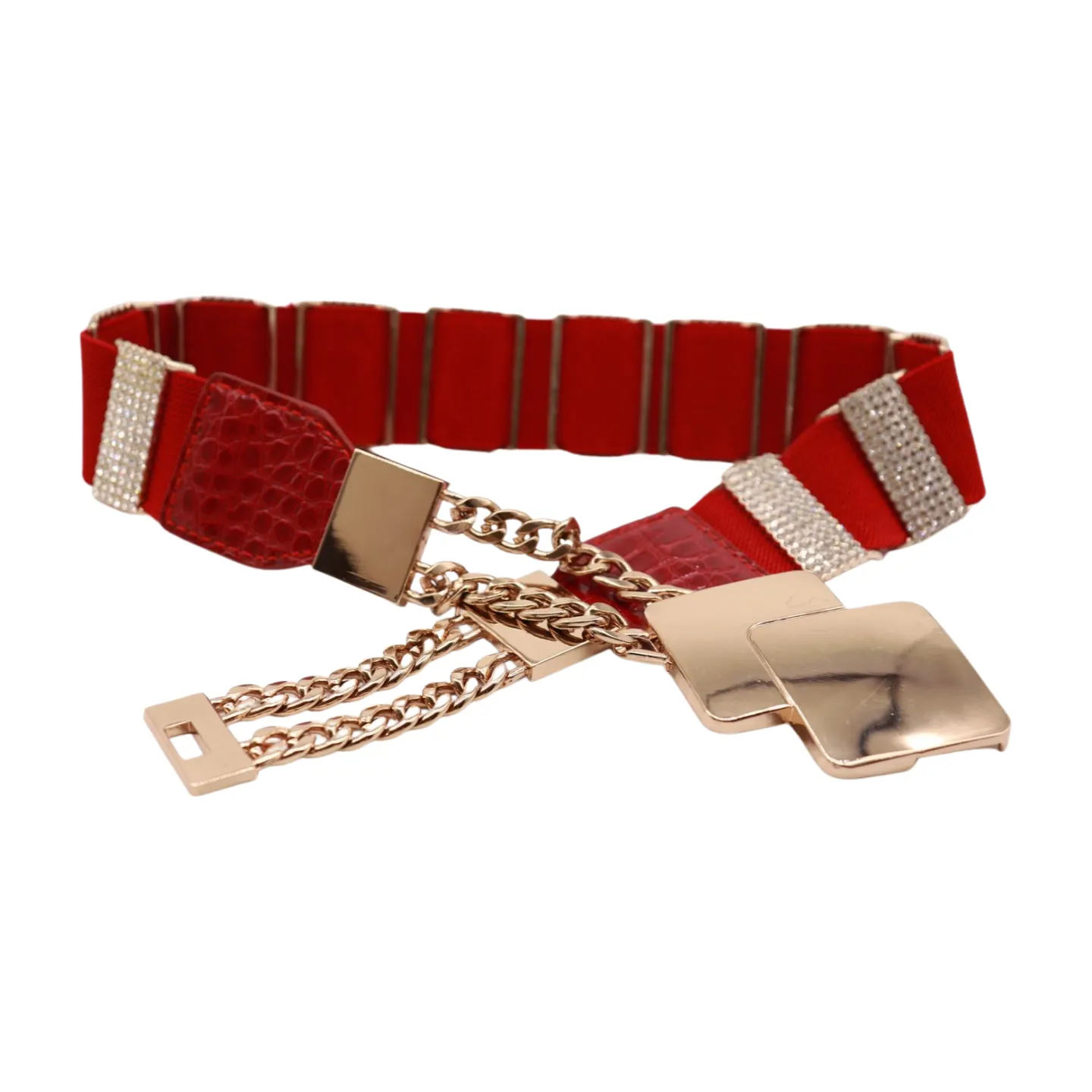 Gold Metal Squares Buckle Fashion Red Elastic Band Belt S M