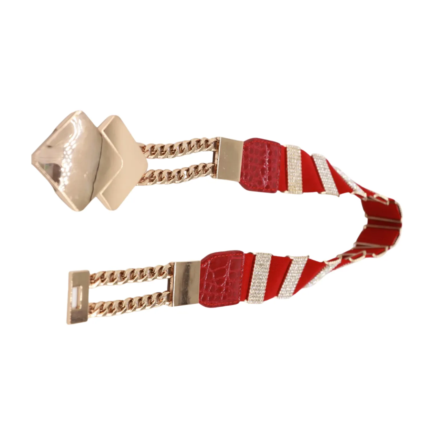 Gold Metal Squares Buckle Fashion Red Elastic Band Belt S M