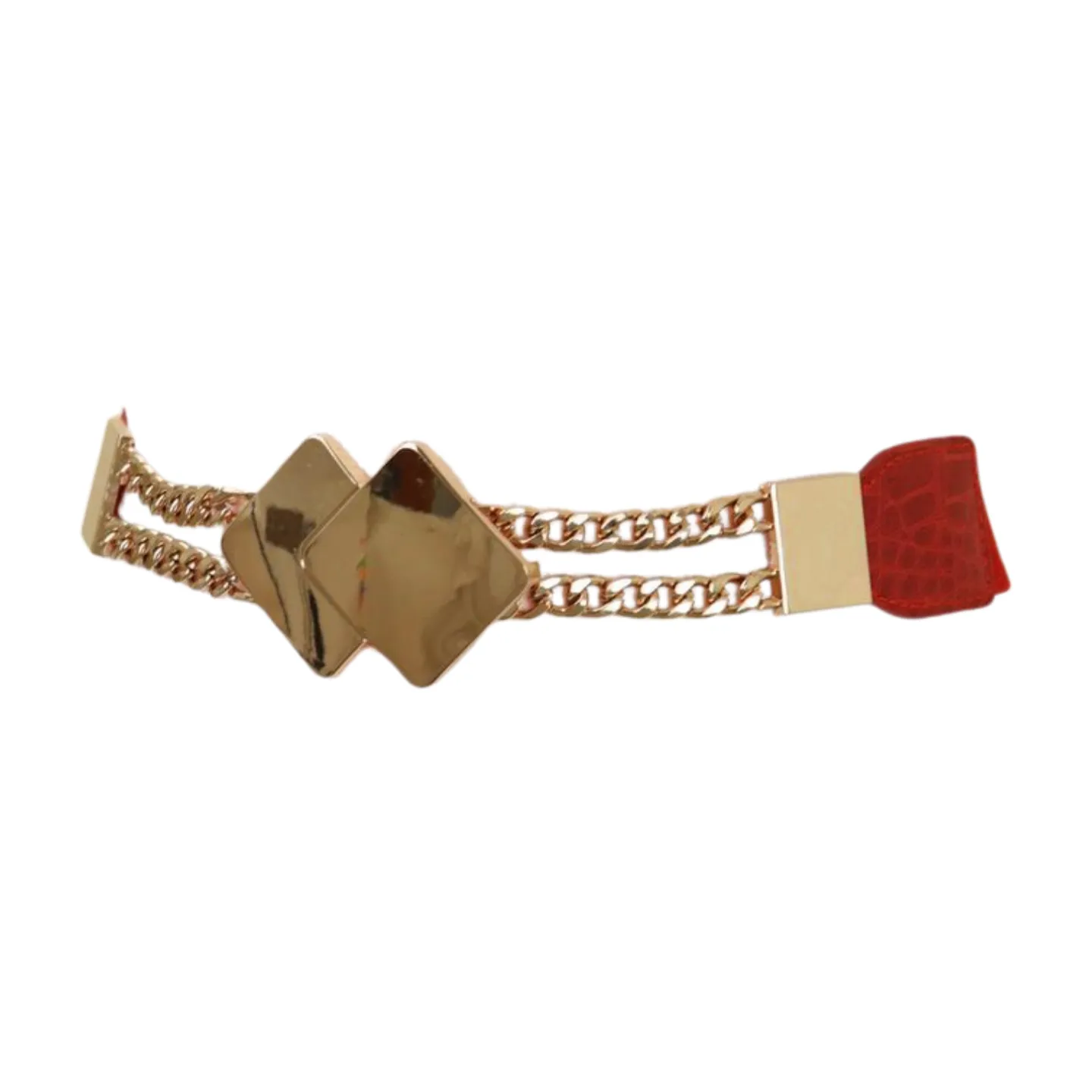 Gold Metal Squares Buckle Fashion Red Elastic Band Belt S M