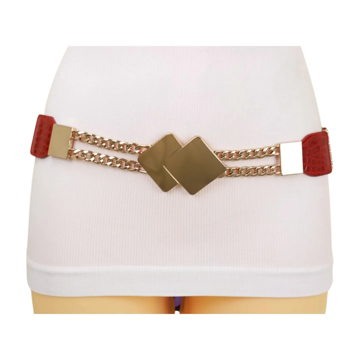 Gold Metal Squares Buckle Fashion Red Elastic Band Belt S M