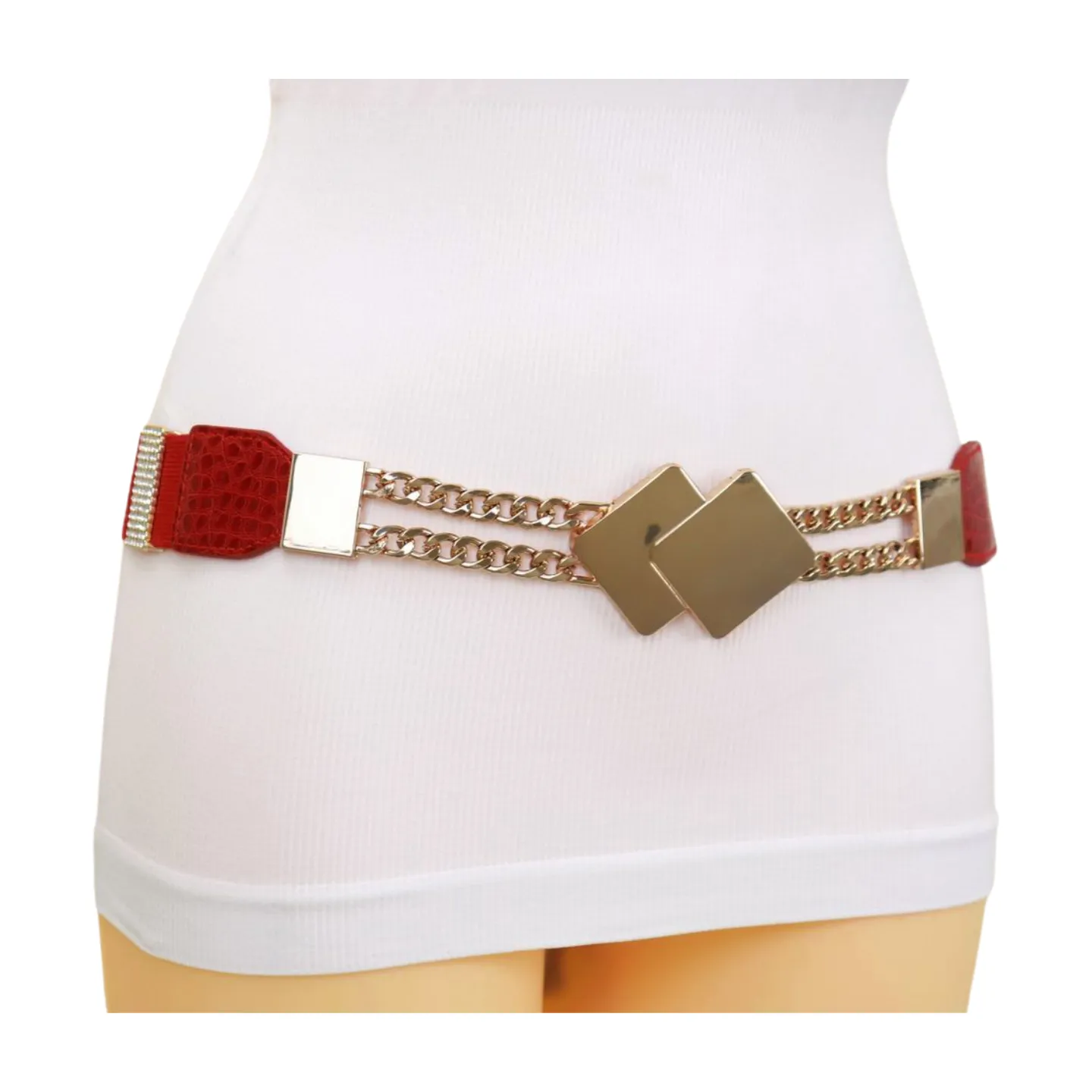 Gold Metal Squares Buckle Fashion Red Elastic Band Belt S M