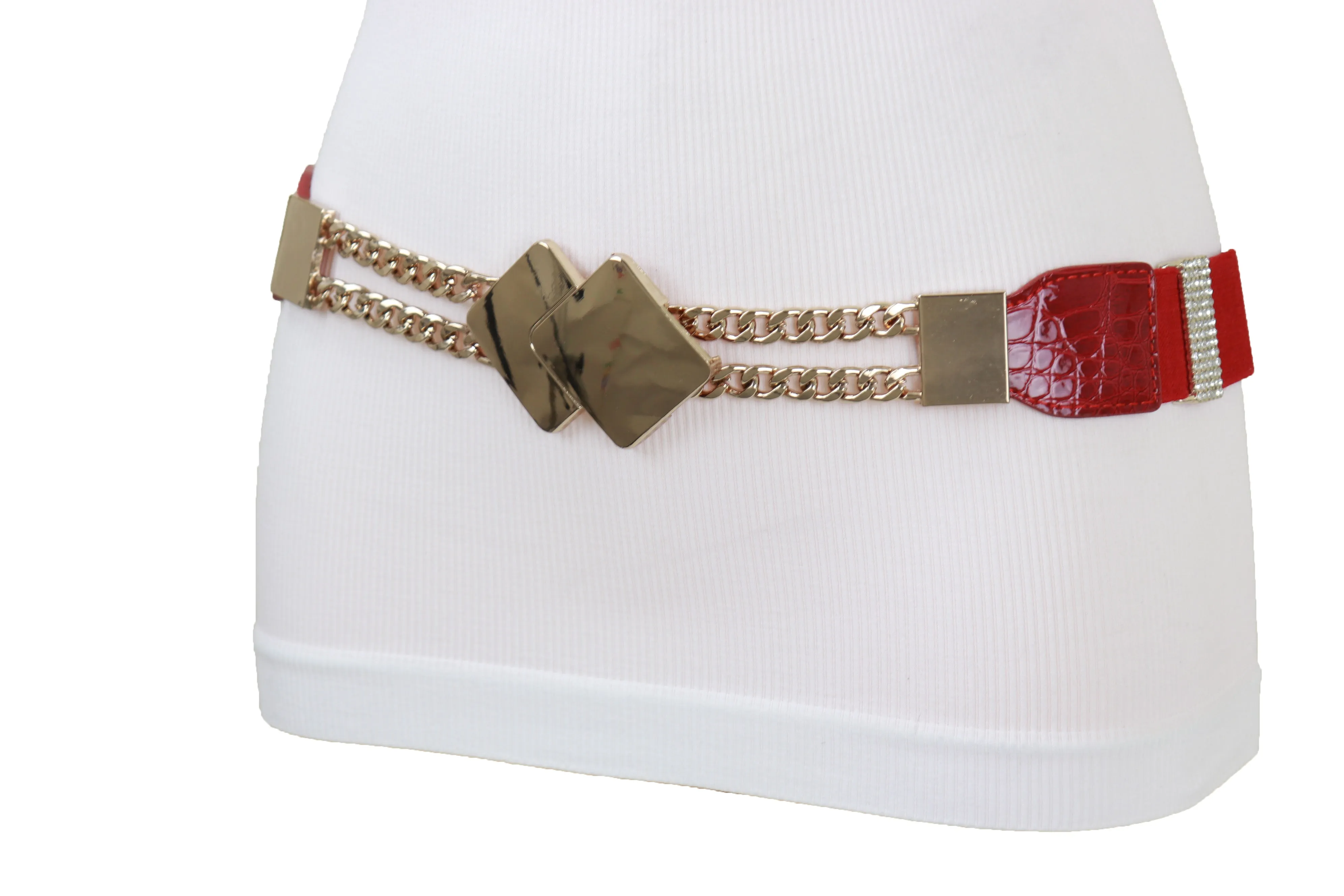 Gold Metal Squares Buckle Fashion Red Elastic Band Belt S M