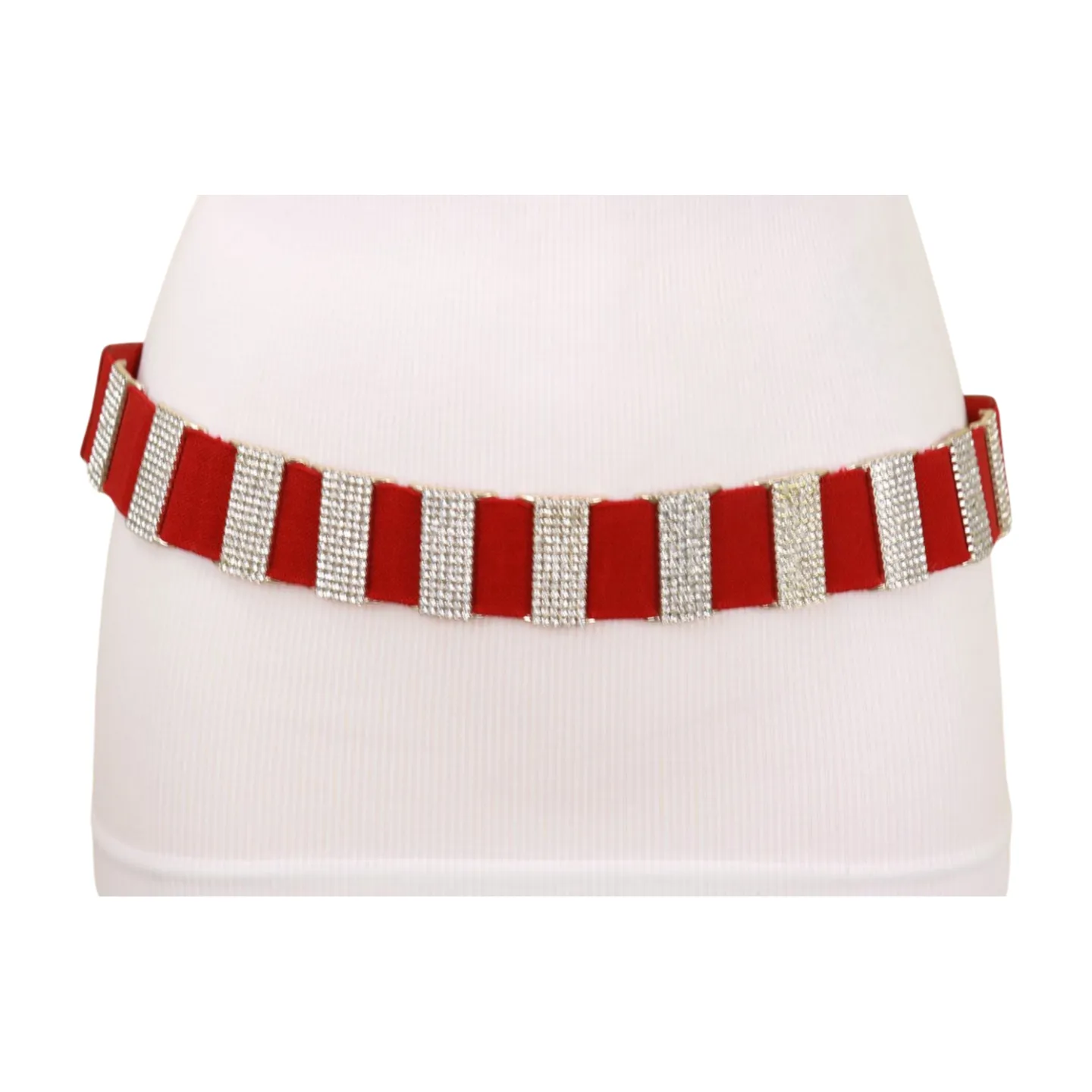 Gold Metal Squares Buckle Fashion Red Elastic Band Belt S M