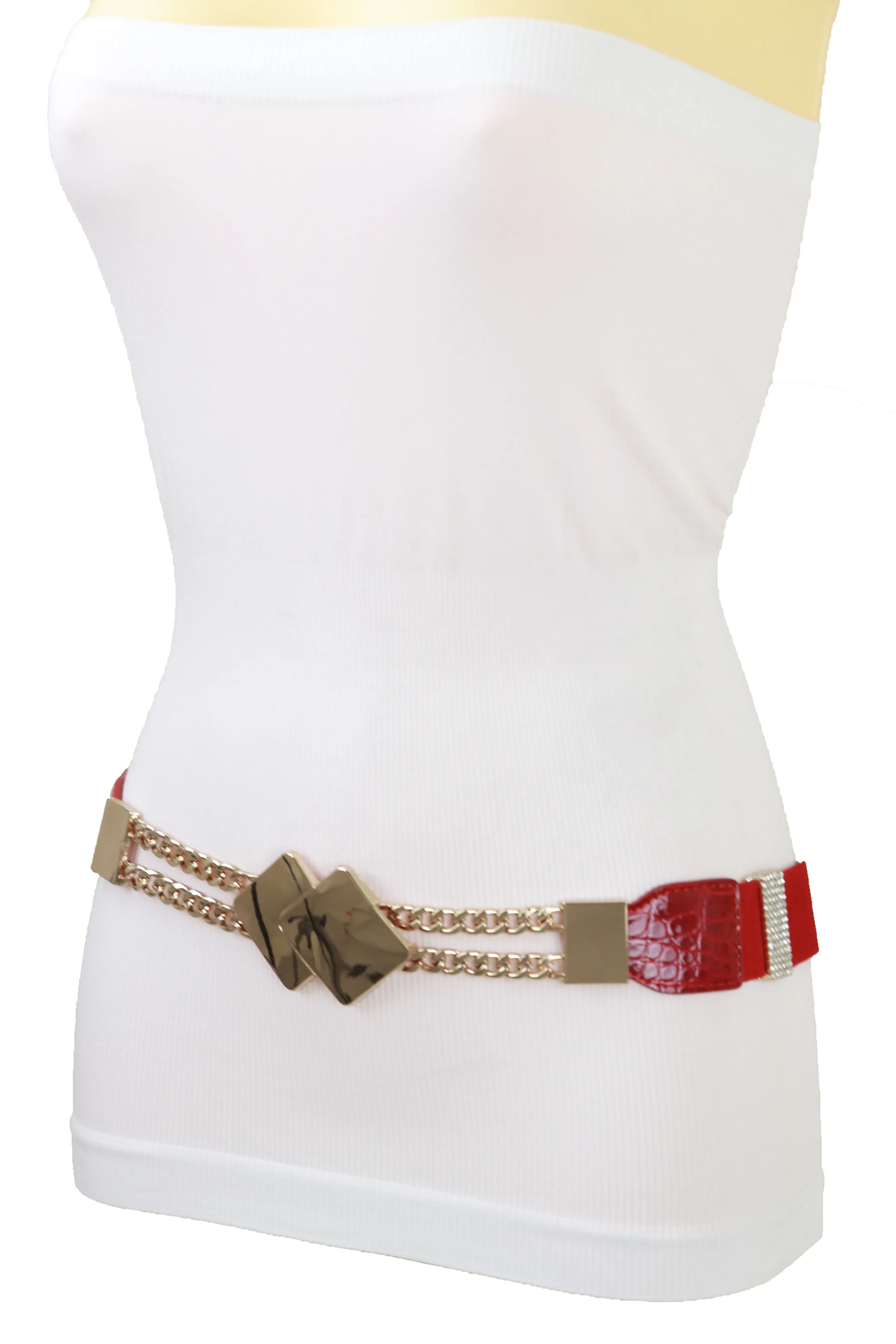 Gold Metal Squares Buckle Fashion Red Elastic Band Belt S M