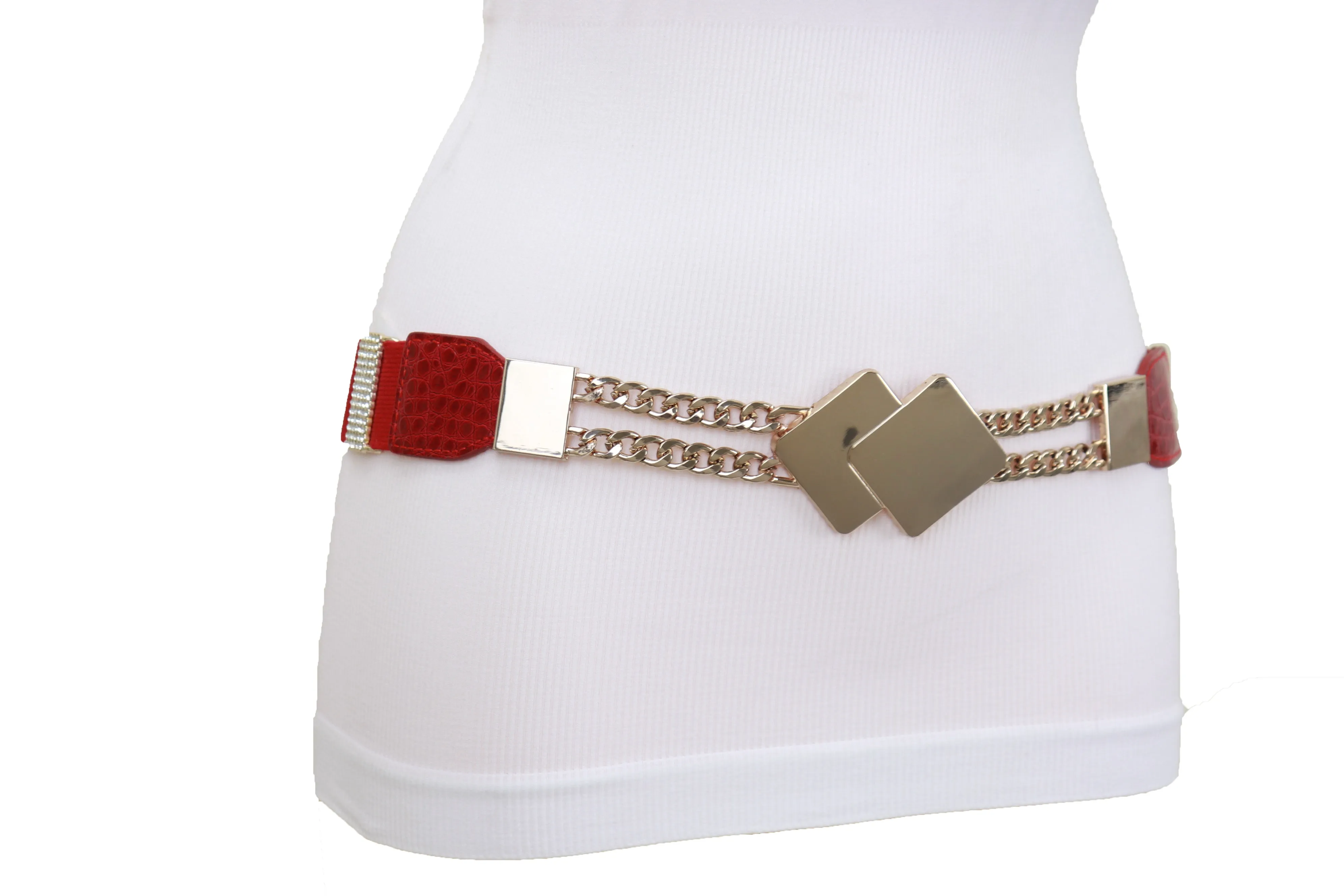 Gold Metal Squares Buckle Fashion Red Elastic Band Belt S M