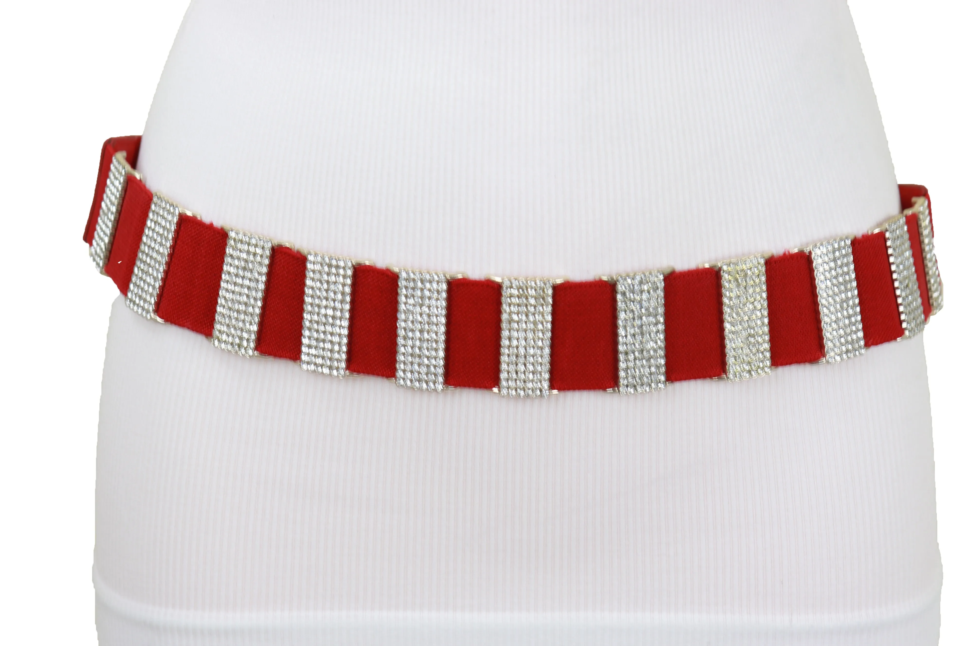 Gold Metal Squares Buckle Fashion Red Elastic Band Belt S M
