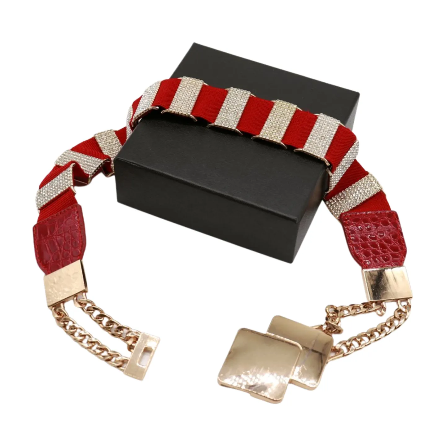 Gold Metal Squares Buckle Fashion Red Elastic Band Belt S M