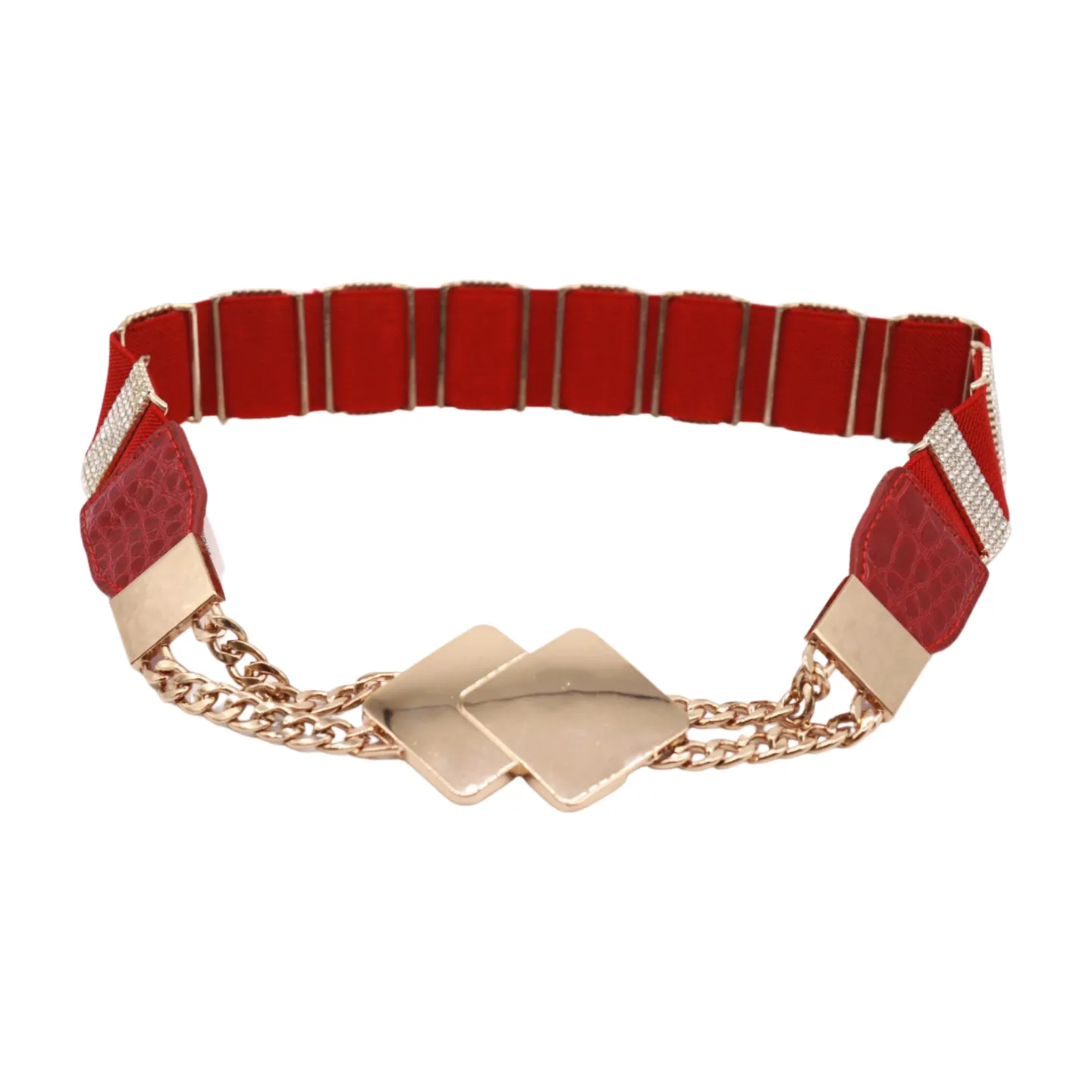 Gold Metal Squares Buckle Fashion Red Elastic Band Belt S M
