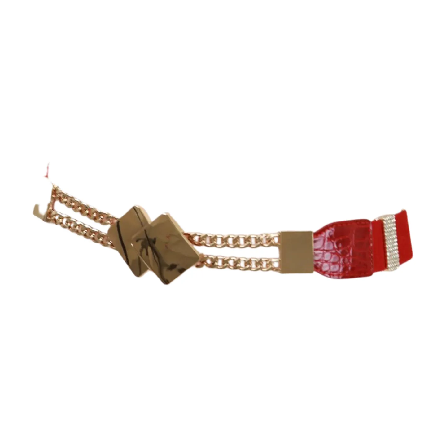 Gold Metal Squares Buckle Fashion Red Elastic Band Belt S M