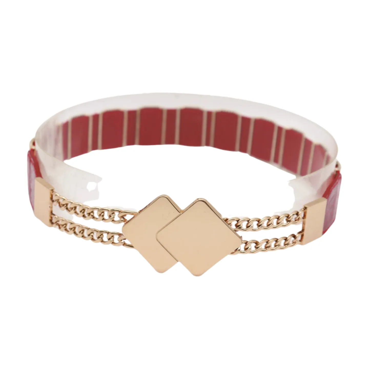 Gold Metal Squares Buckle Fashion Red Elastic Band Belt S M