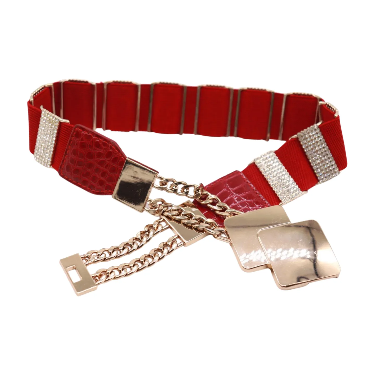 Gold Metal Squares Buckle Fashion Red Elastic Band Belt S M