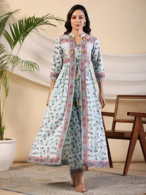 Juniper Sky Blue Floral Printed Pure Cotton Kurta & Pants Set With Lace