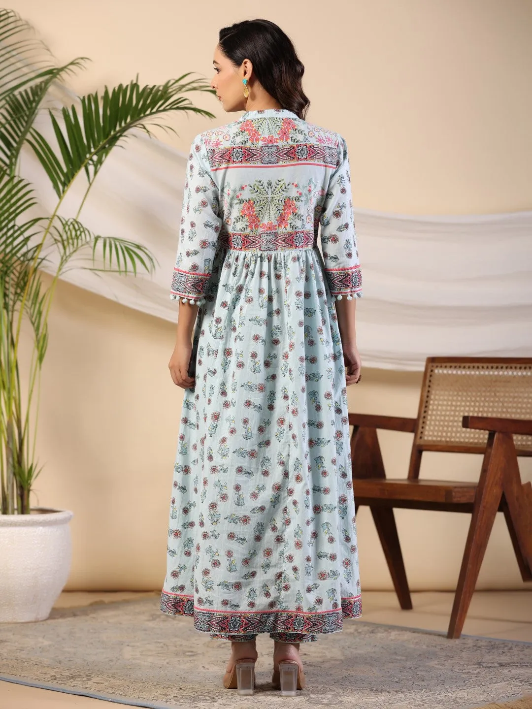 Juniper Sky Blue Floral Printed Pure Cotton Kurta & Pants Set With Lace