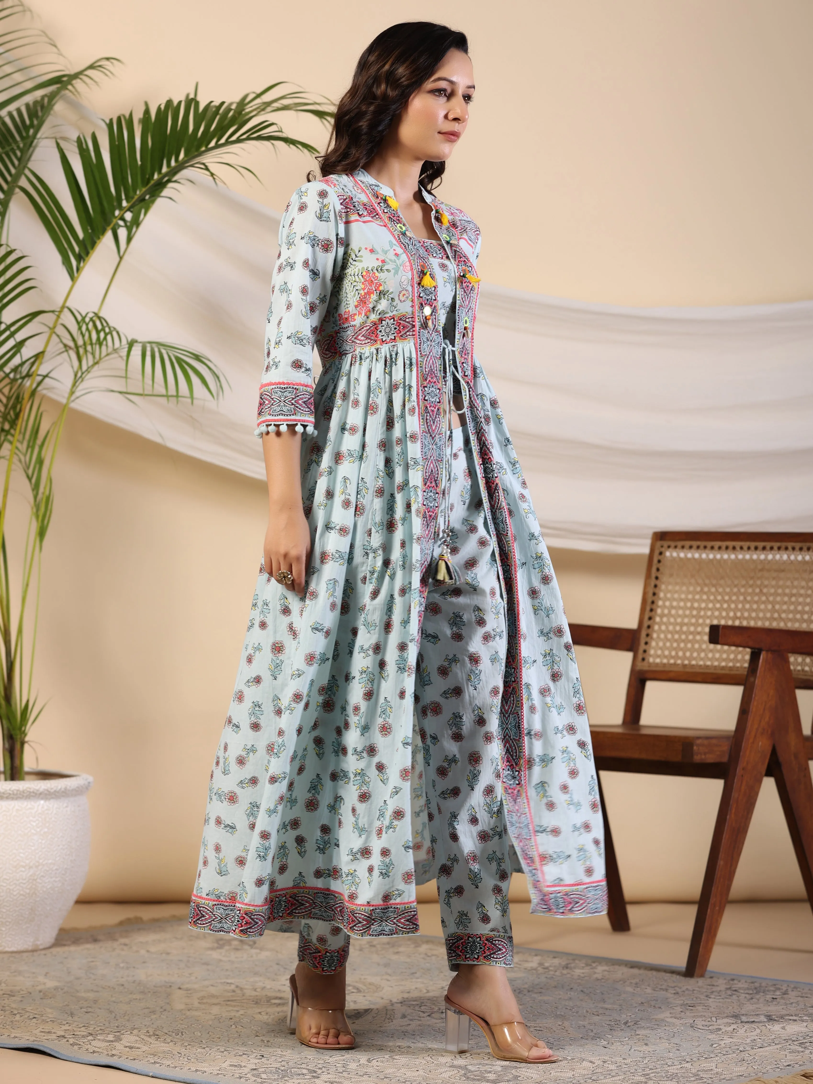 Juniper Sky Blue Floral Printed Pure Cotton Kurta & Pants Set With Lace