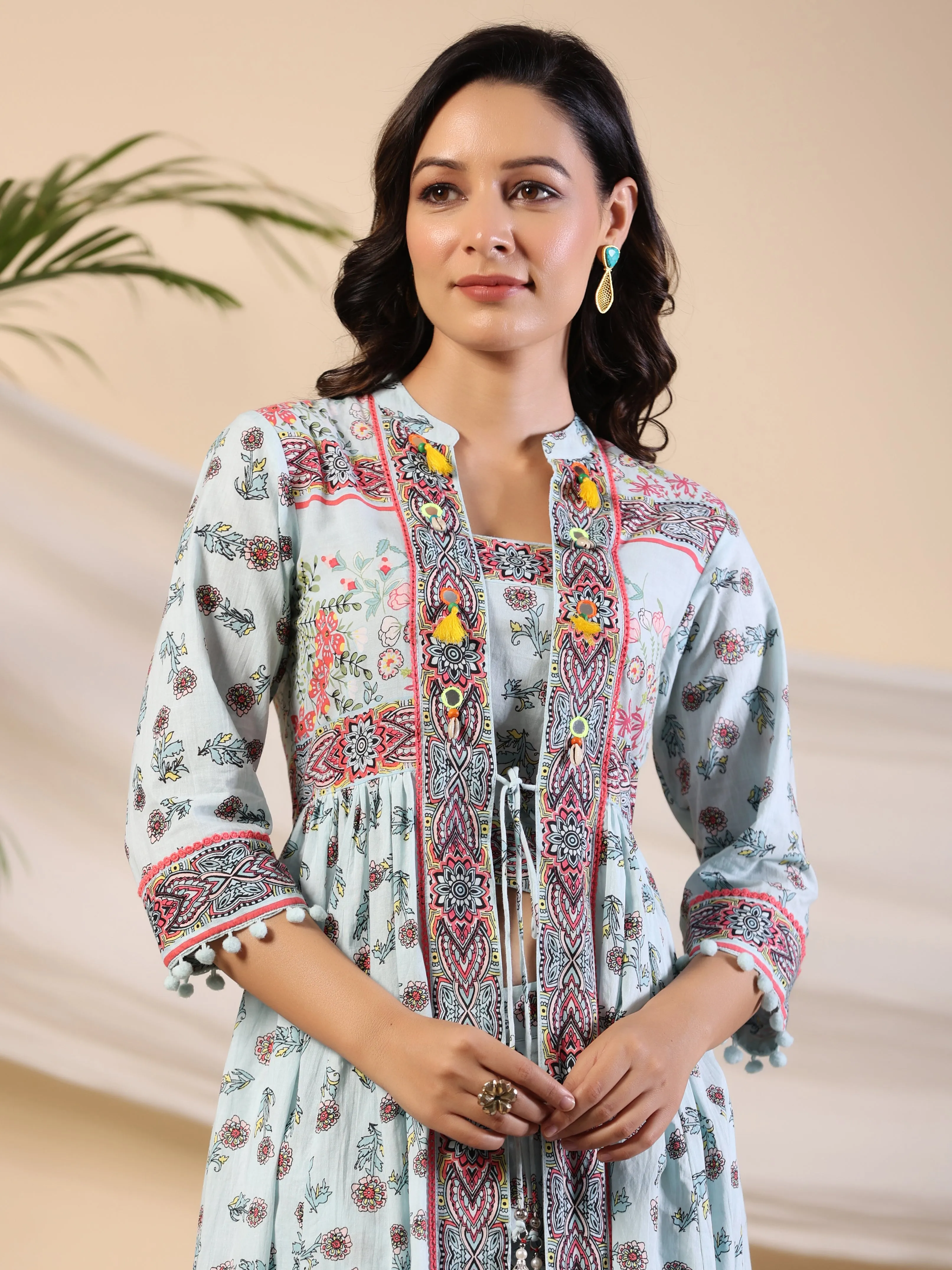 Juniper Sky Blue Floral Printed Pure Cotton Kurta & Pants Set With Lace