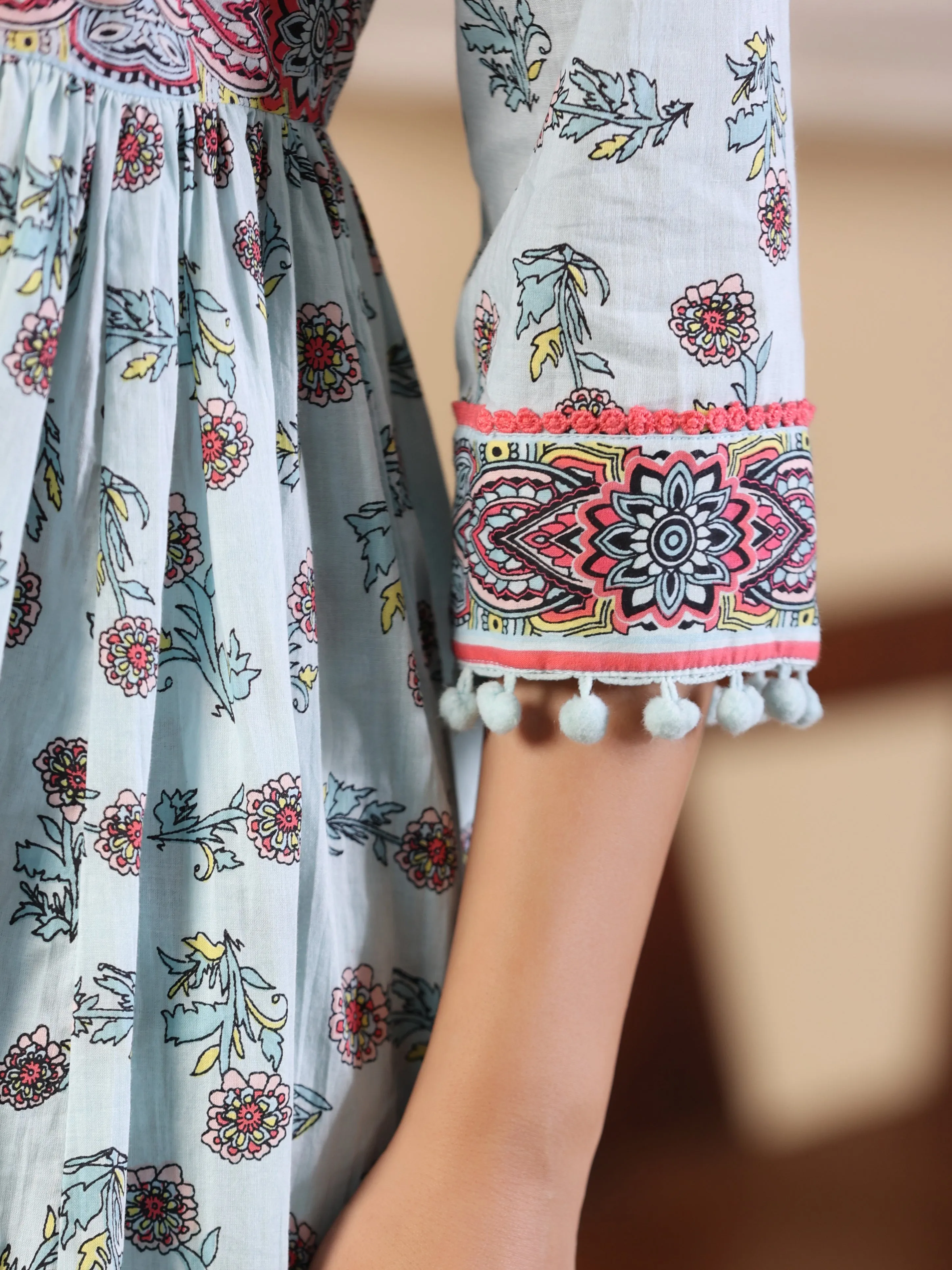 Juniper Sky Blue Floral Printed Pure Cotton Kurta & Pants Set With Lace