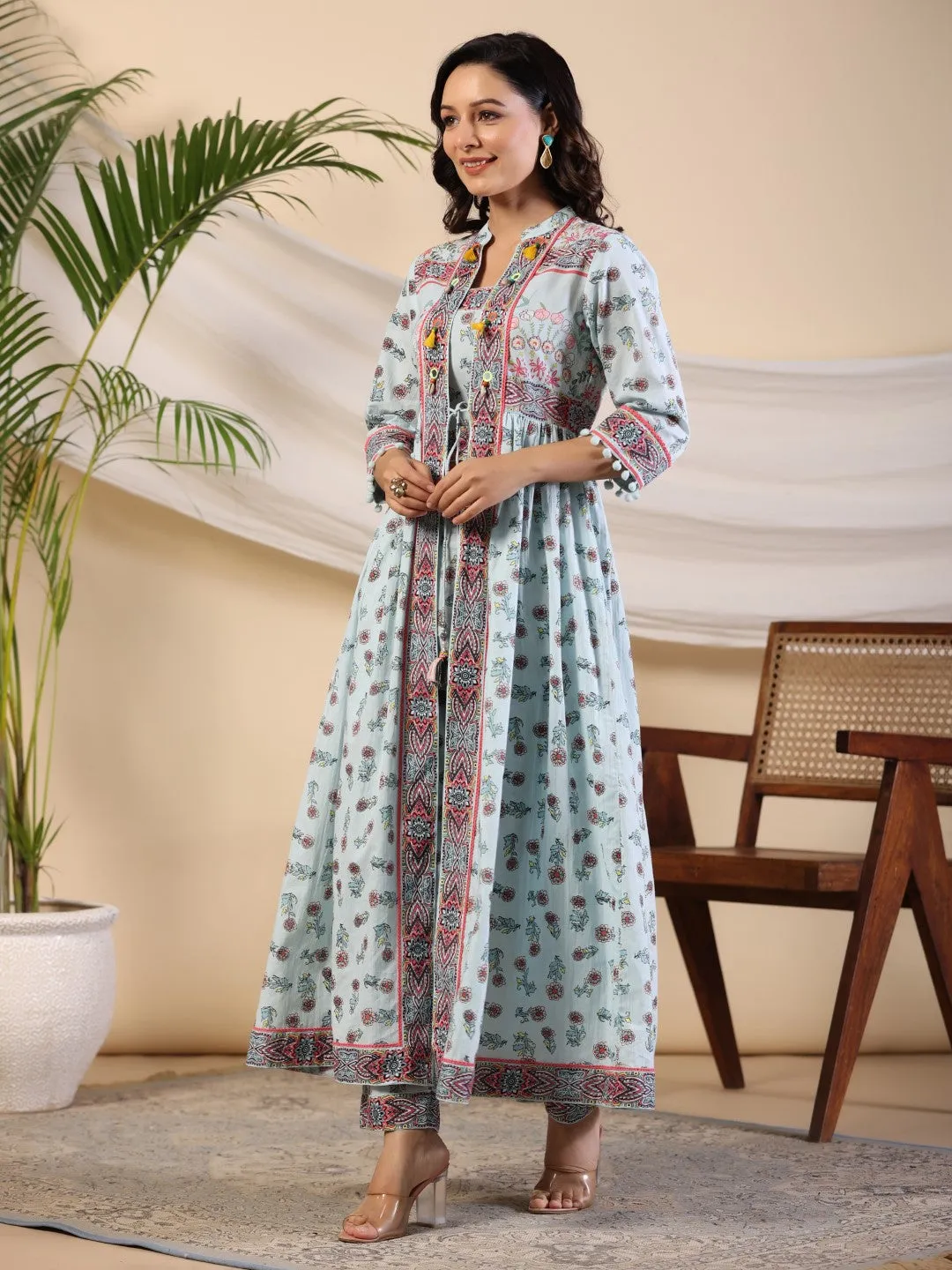 Juniper Sky Blue Floral Printed Pure Cotton Kurta & Pants Set With Lace