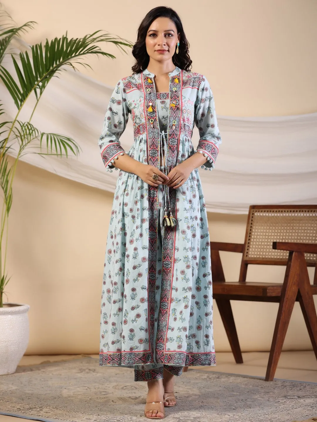 Juniper Sky Blue Floral Printed Pure Cotton Kurta & Pants Set With Lace
