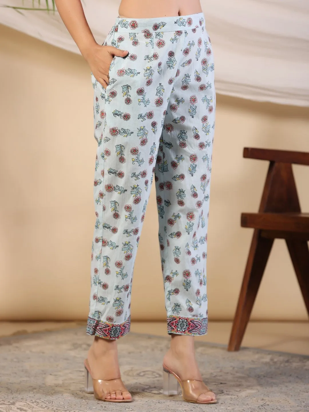 Juniper Sky Blue Floral Printed Pure Cotton Kurta & Pants Set With Lace