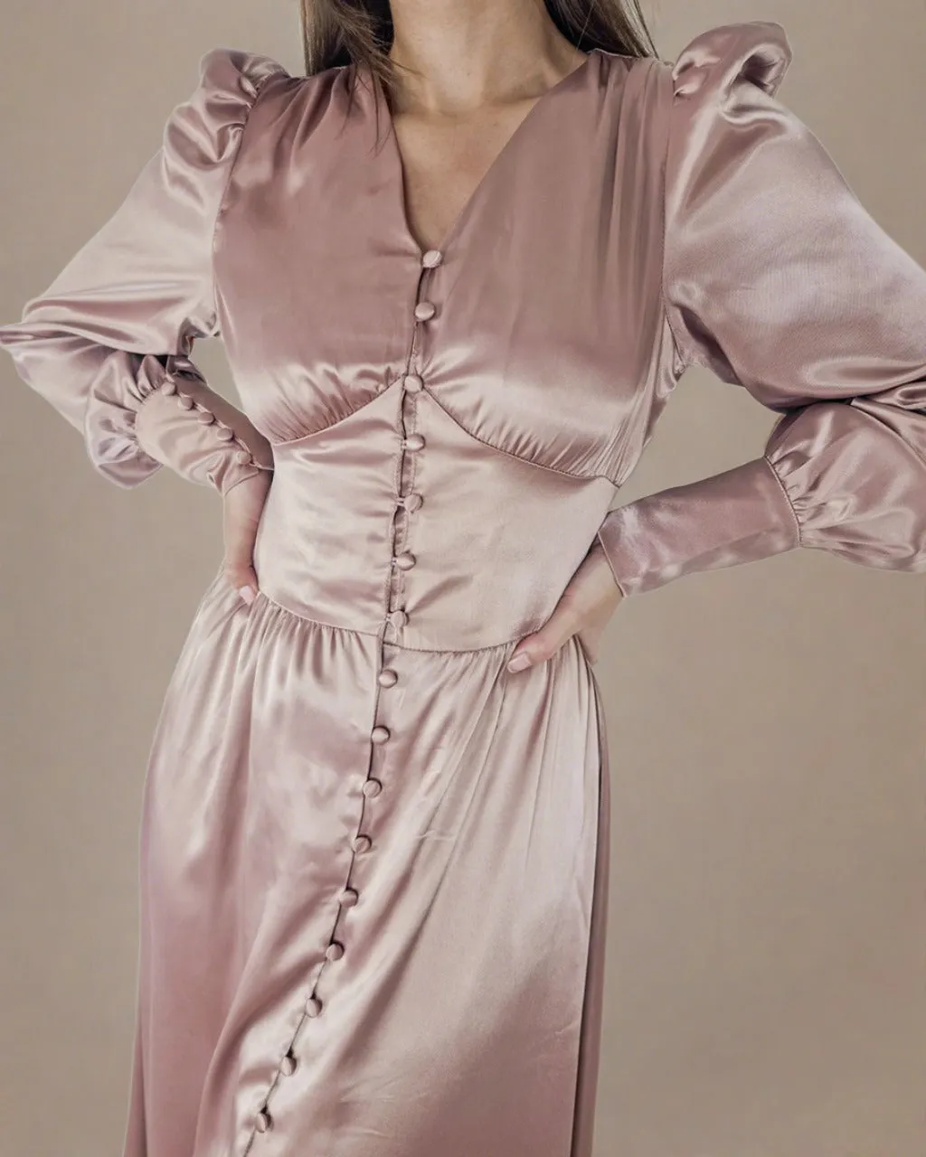Kelsey Mocha Brown Satin Corset Dress - Button Up Long Sleeve Satin Dress