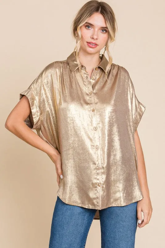 Metallic Collared Button Up Top