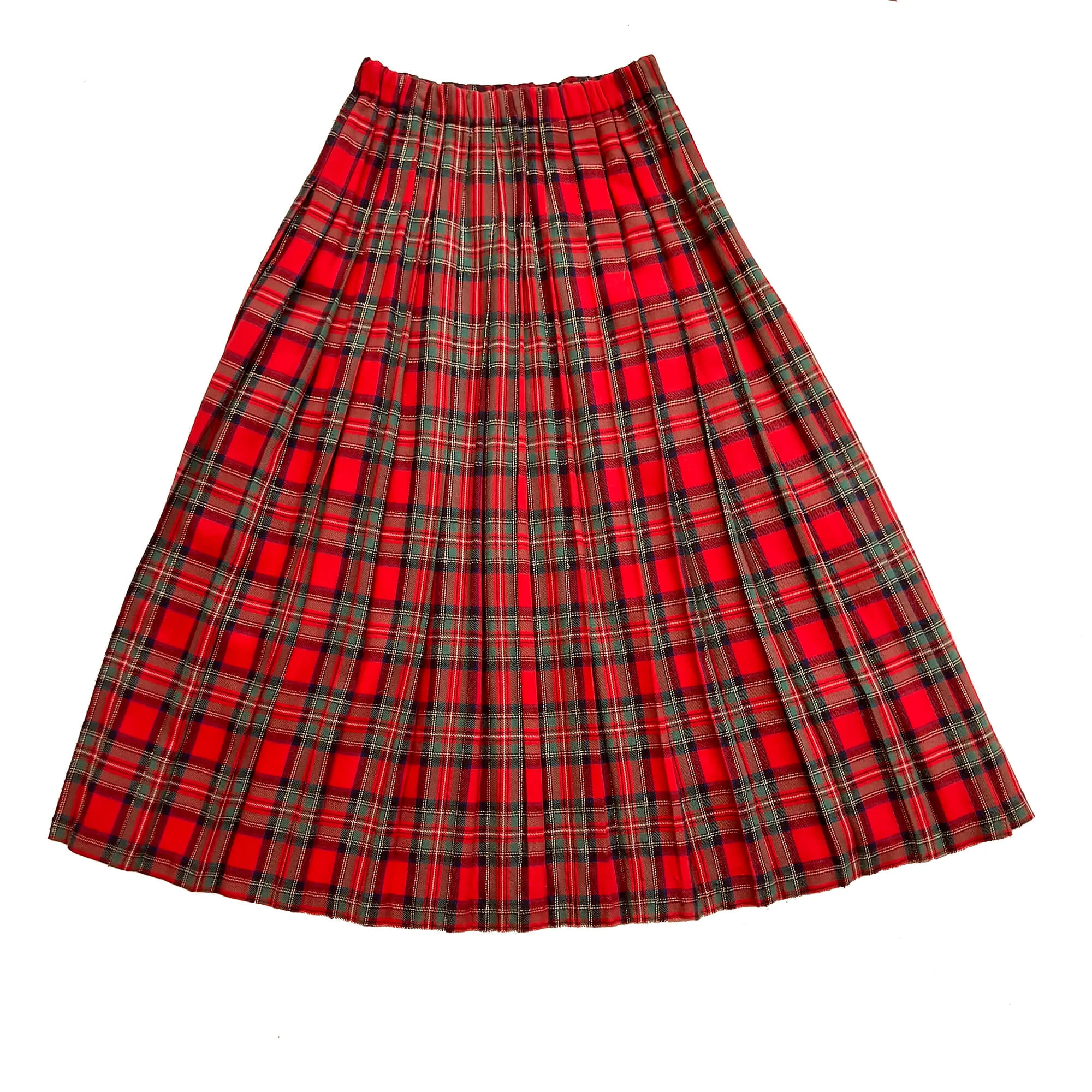 Red Tartan Plaid Pleated Maxi Skirt, Gold Metallic Thread. Size S.