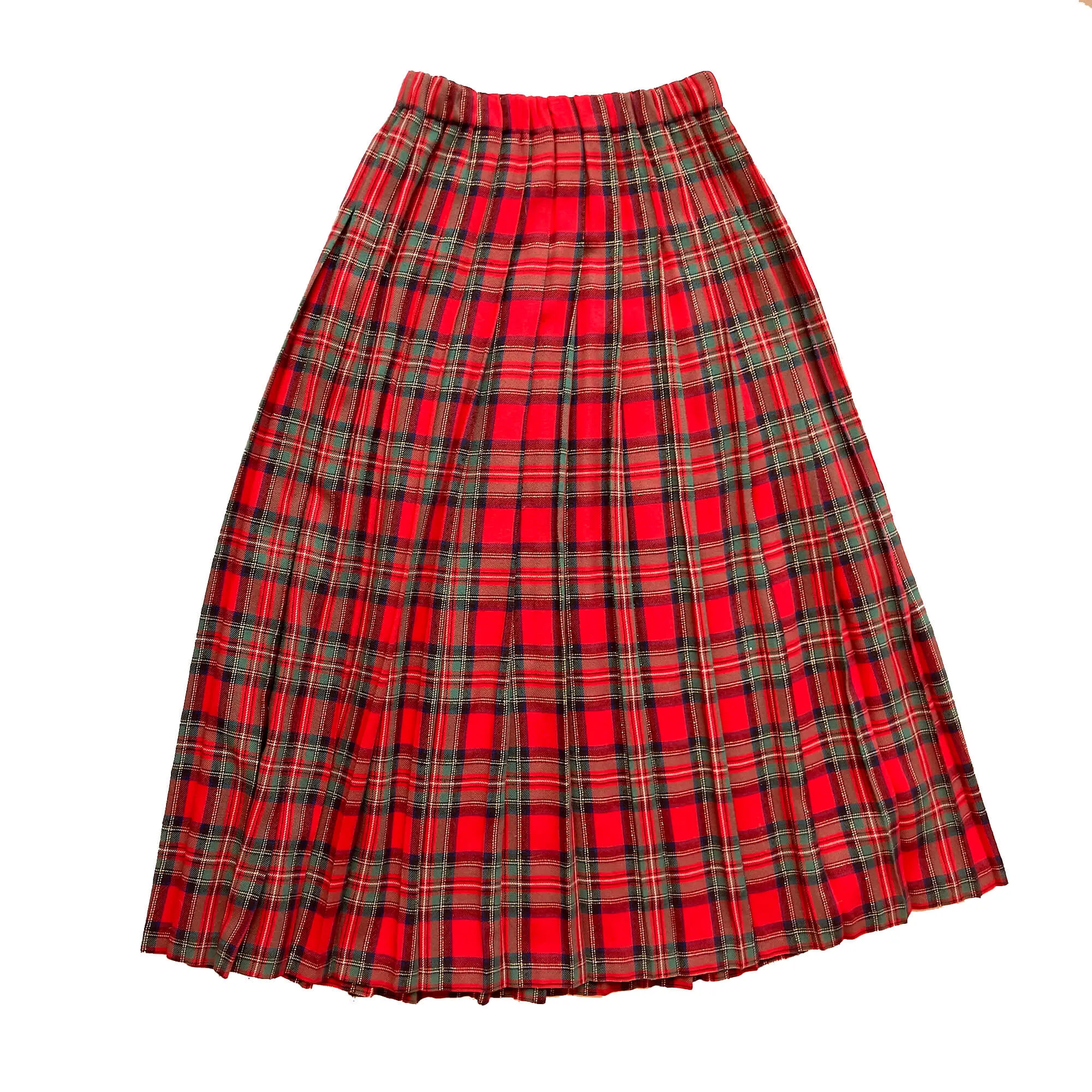 Red Tartan Plaid Pleated Maxi Skirt, Gold Metallic Thread. Size S.