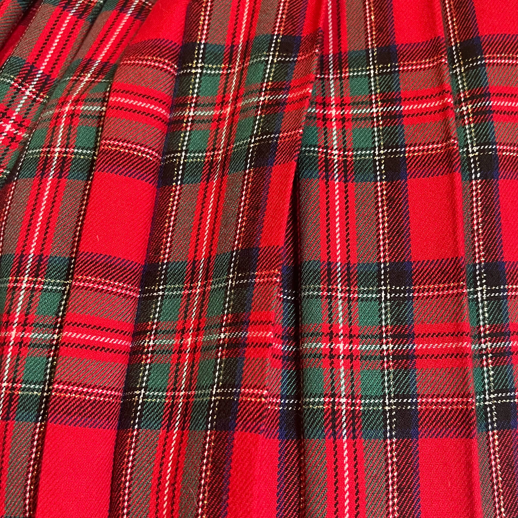 Red Tartan Plaid Pleated Maxi Skirt, Gold Metallic Thread. Size S.