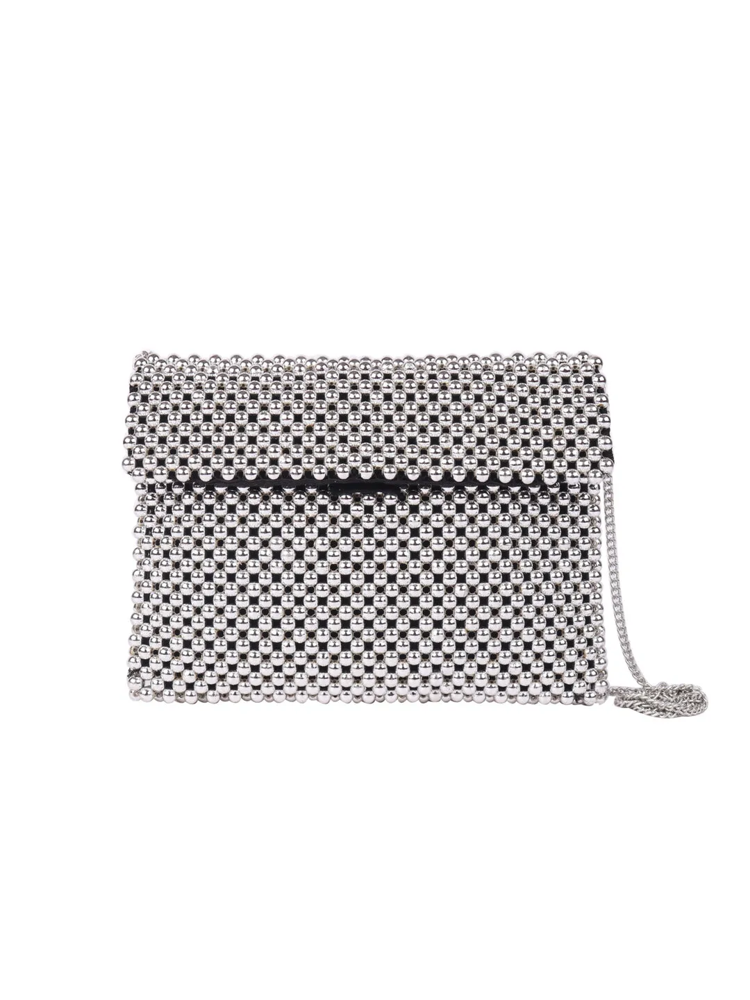 Silver Beaded Clutch With Metal Chain Strap