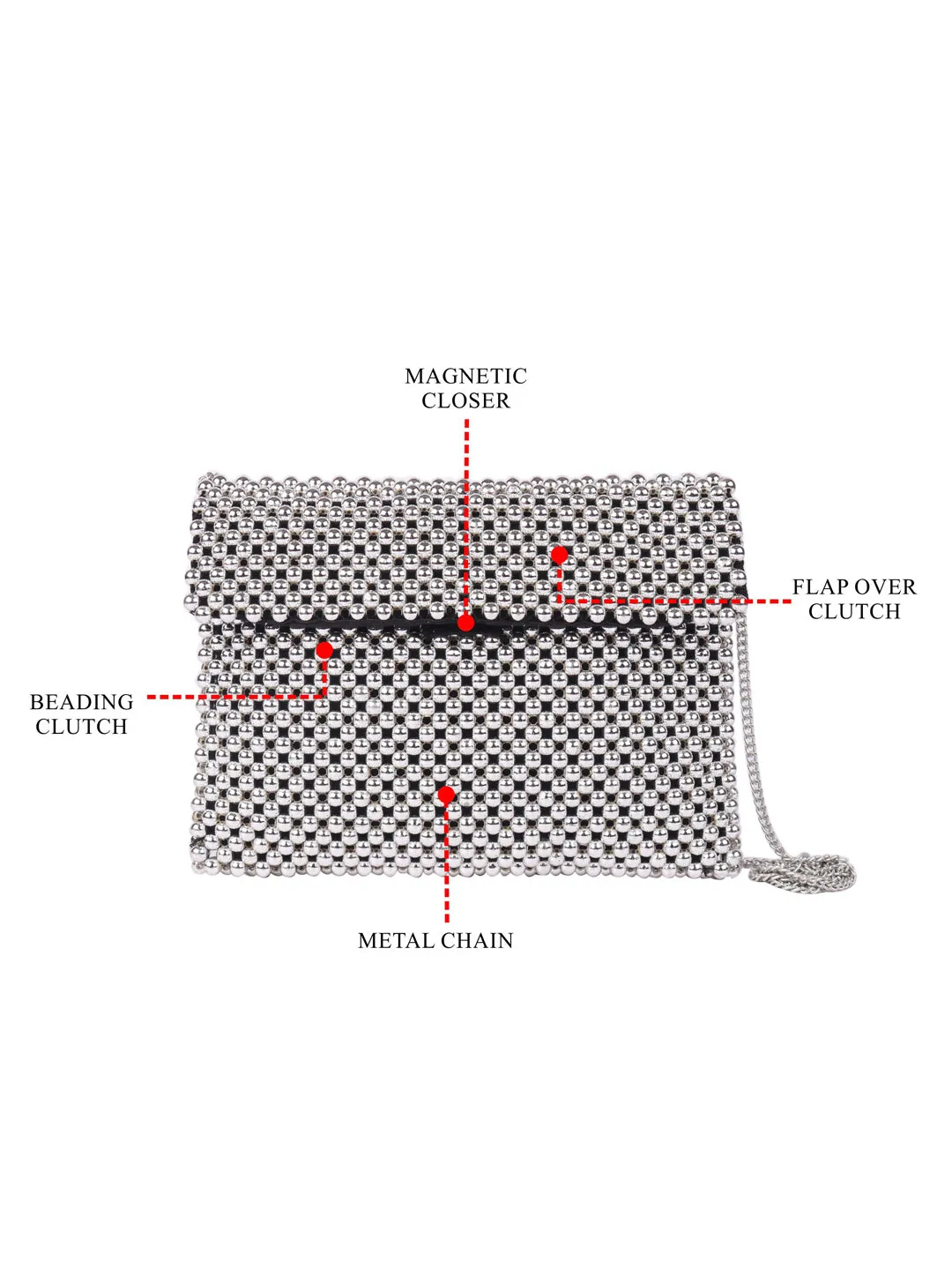 Silver Beaded Clutch With Metal Chain Strap