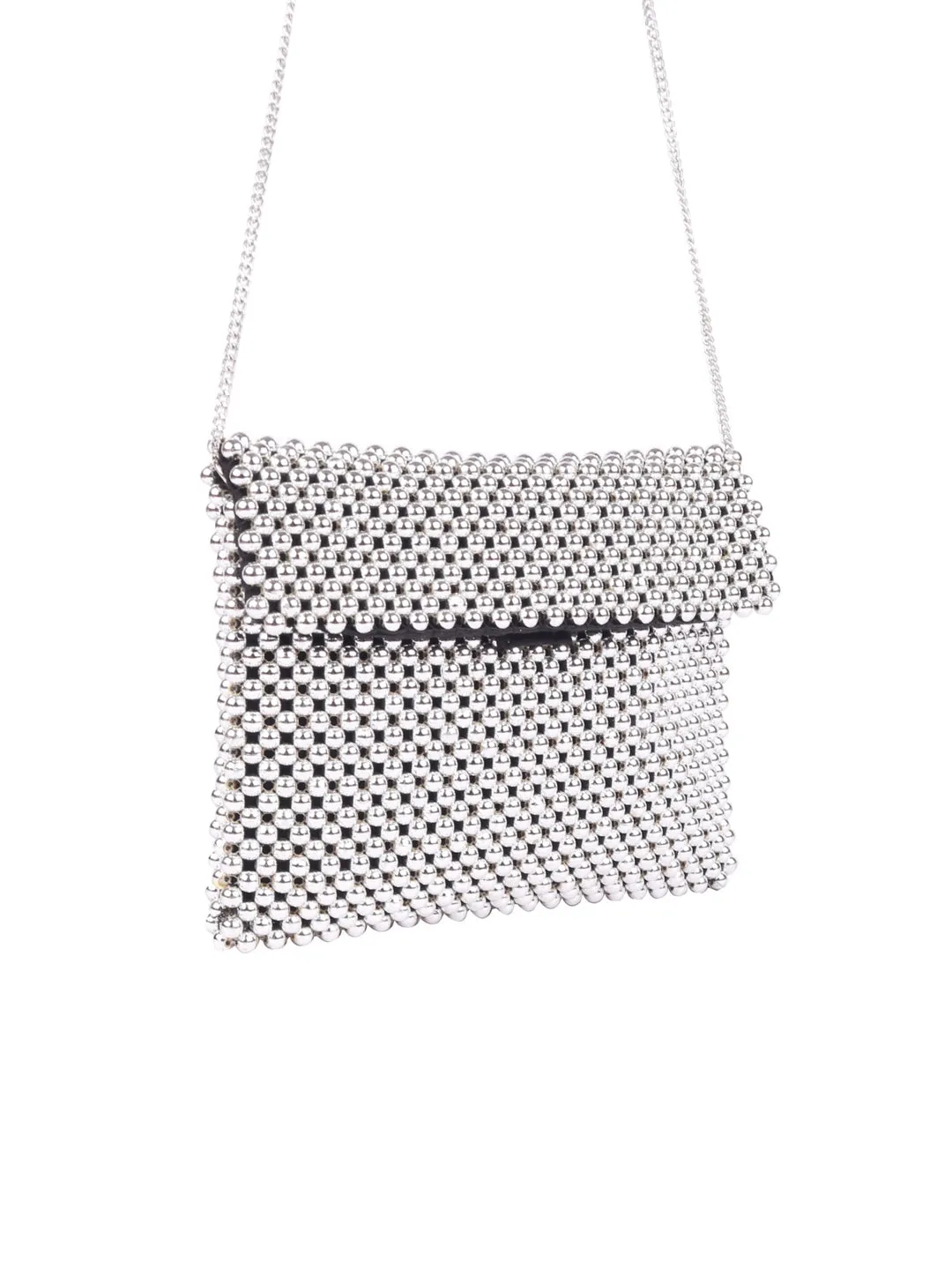 Silver Beaded Clutch With Metal Chain Strap