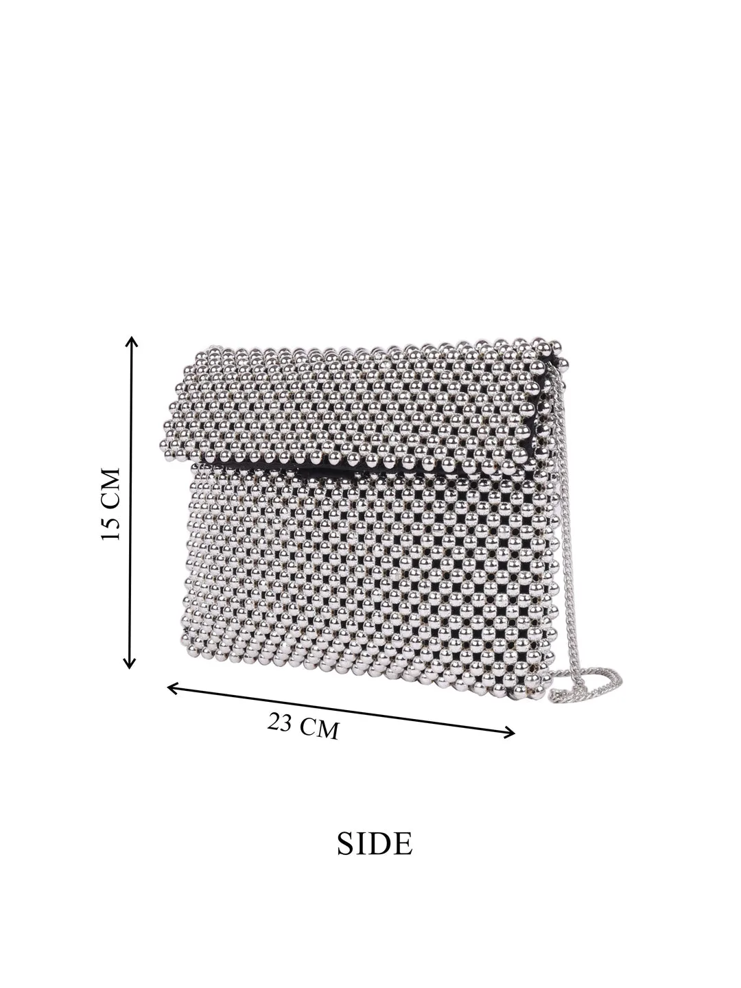 Silver Beaded Clutch With Metal Chain Strap