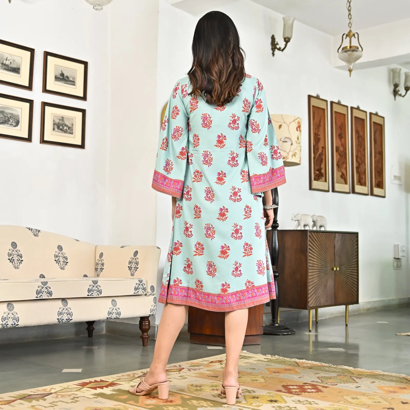 Sky Blue Printed Mandarin Collar Dress