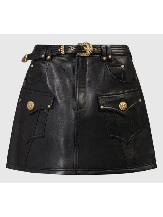 Women’s Belted Black Leather Western Mini Skirt