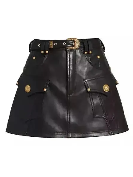 Women’s Belted Black Leather Western Mini Skirt
