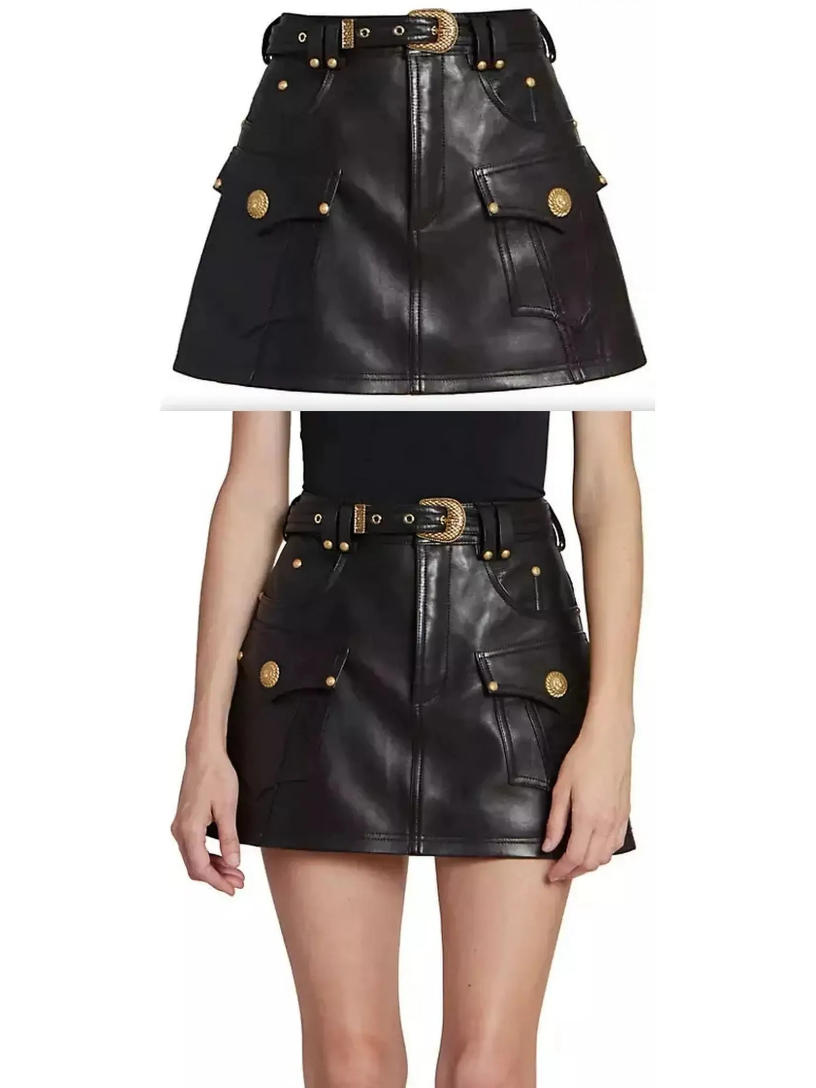 Women’s Belted Black Leather Western Mini Skirt