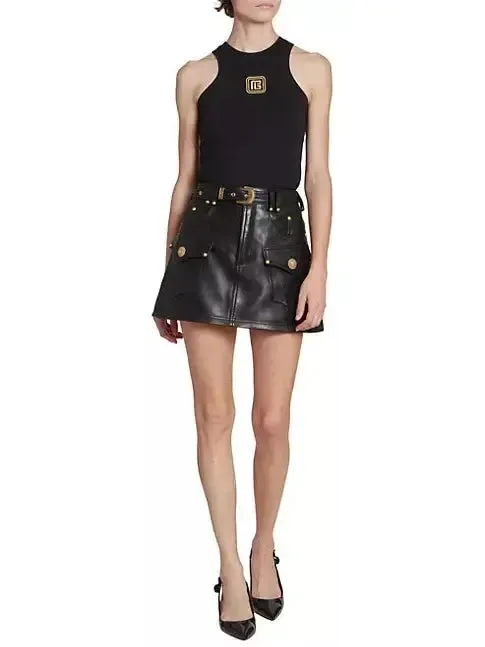 Women’s Belted Black Leather Western Mini Skirt