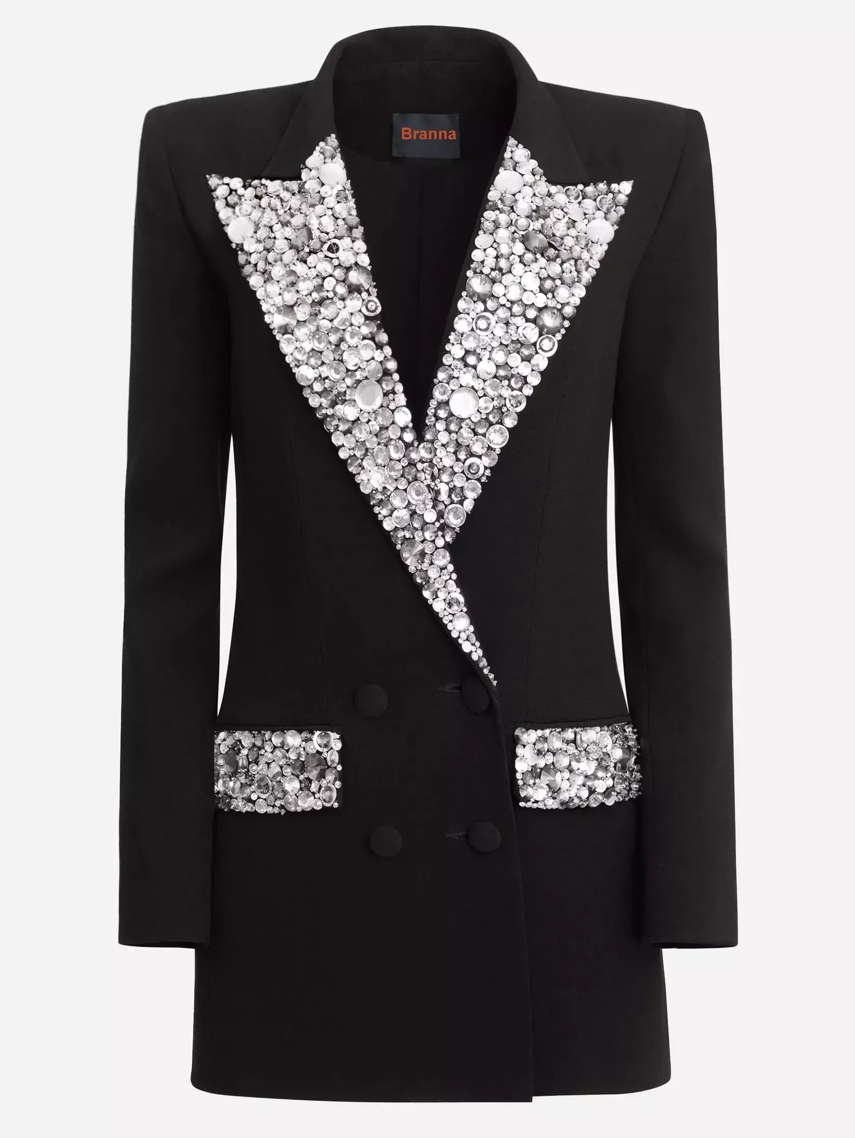 Women’s Black Cady Blazer-Mini Dress with Crystal-Embellished Collar and Pockets