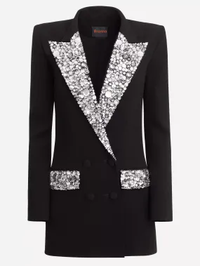 Women’s Black Cady Blazer-Mini Dress with Crystal-Embellished Collar and Pockets