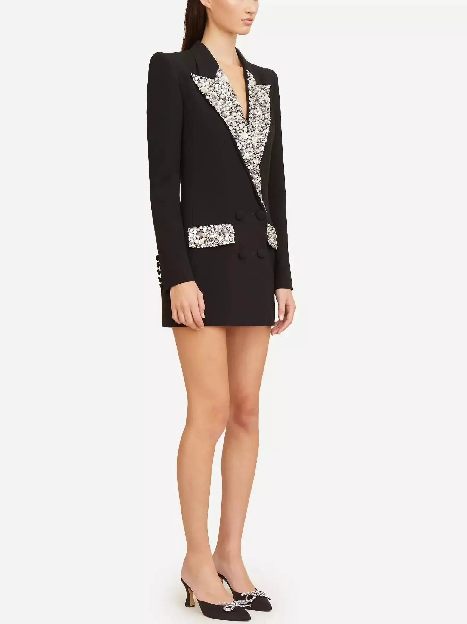 Women’s Black Cady Blazer-Mini Dress with Crystal-Embellished Collar and Pockets