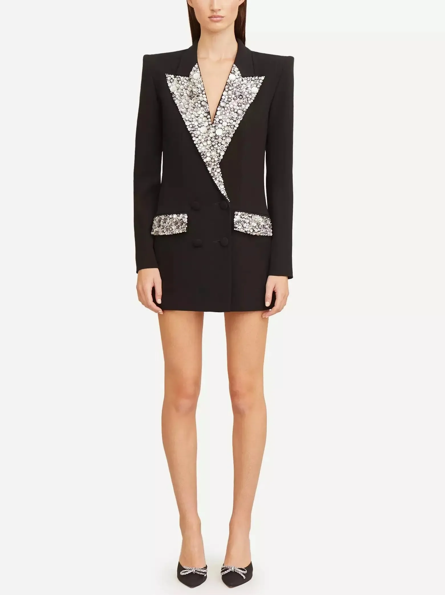 Women’s Black Cady Blazer-Mini Dress with Crystal-Embellished Collar and Pockets