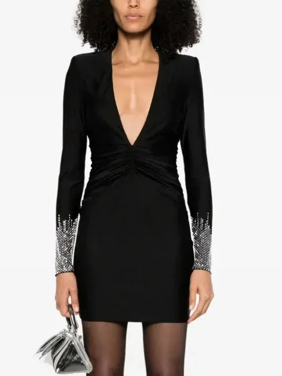 Women’s Black Plunge V-Neck Mini Dress with Embellished Sleeves