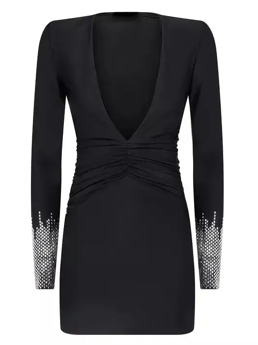 Women’s Black Plunge V-Neck Mini Dress with Embellished Sleeves