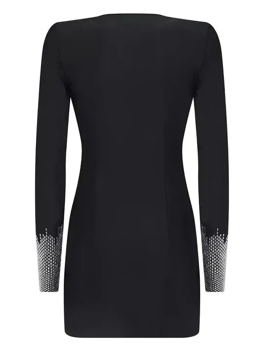 Women’s Black Plunge V-Neck Mini Dress with Embellished Sleeves