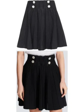 Women’s Black Ribbed Knit Skater Mini Skirt with Crystal Buttons